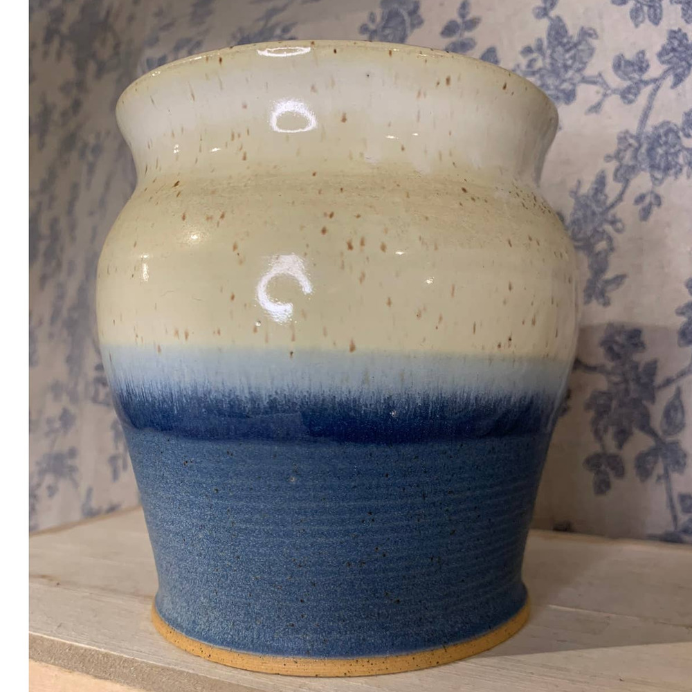 Handmade Vintage Blue and Cream Speckled Ceramic Pot Vase
